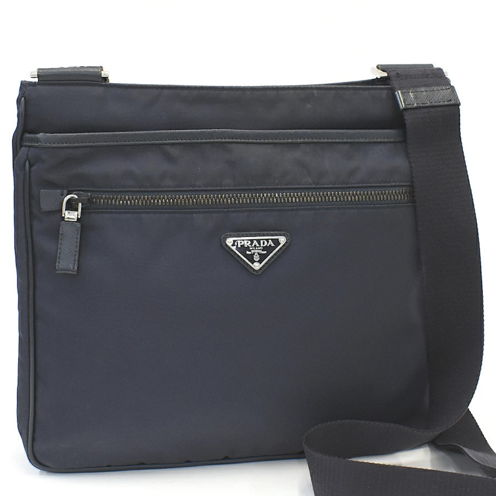Prada Tessuto Crossbody Bag Canvas Leather Navy Blue Triangle Plate